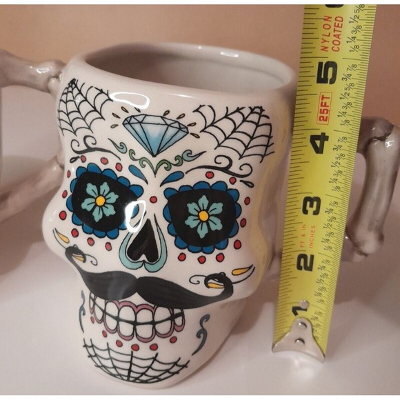Skull Mugs Day Of The Dead Sugar Skull Halloween Mugs Cracker Barrel Stoneware - Picture 8 of 10
